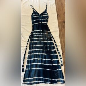 The Vanity Room Indigo & Ivory Maxi Dress with Adjustable Straps and Tie Belt, M